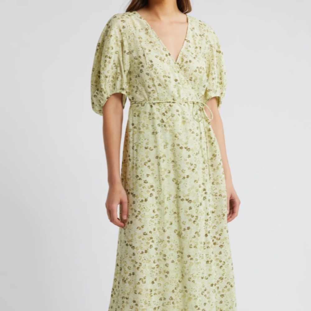 Madewall Floral Puff Sleeve Wrap Front Dress